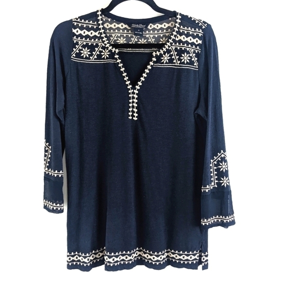𝅺lucky Brand Navy Blue Tunic Tee Shirt S Western Embroidery - Picture 1 of 13